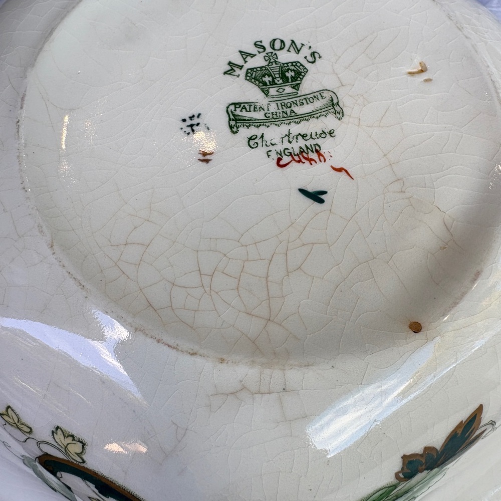 Vintage Ironstone Serving Bowl Green Floral Scalloped Cottagecore - Picture 3 of 5